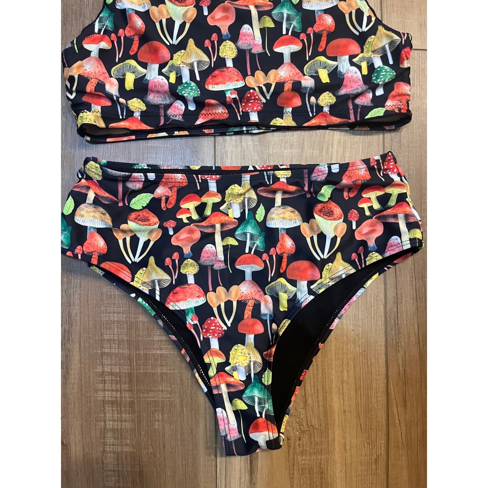 Mushroom Print High Waisted Bikini Set Black Halter Top Two Piece Swimsuit M - Picture 3 of 7